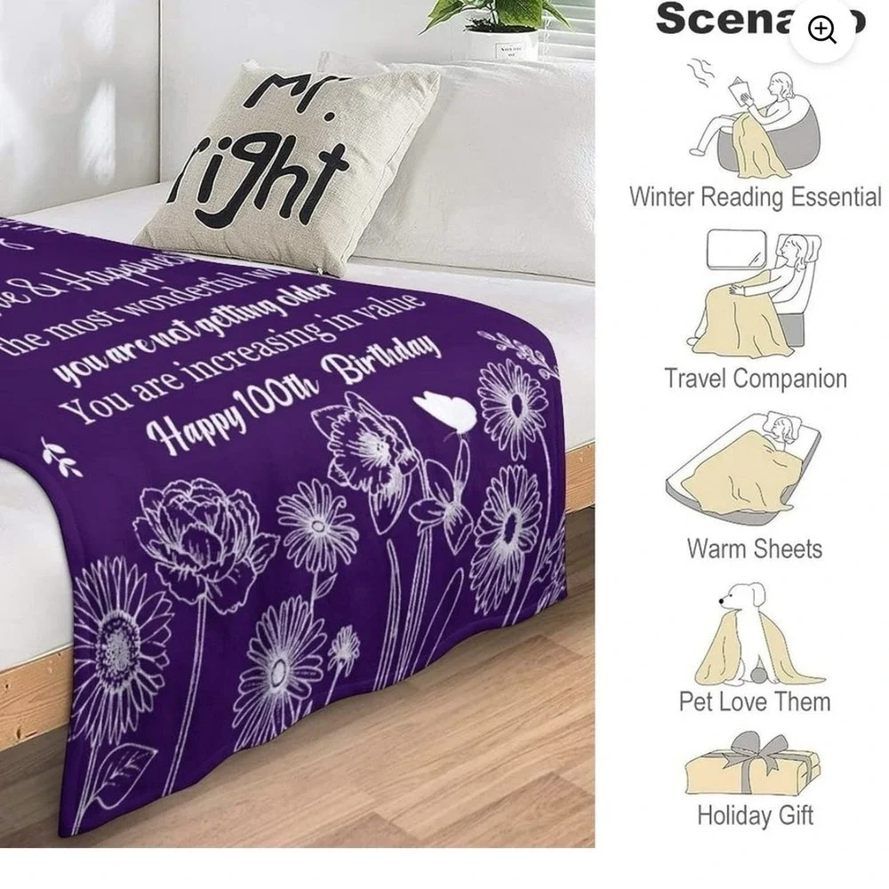 100th Birthday Blanket, 50x60,‎ Gift, Women, Grandma, 100 Year Old, Decor